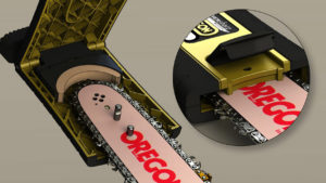 chainsaw sharpener design cad rendering with chainsaw open view